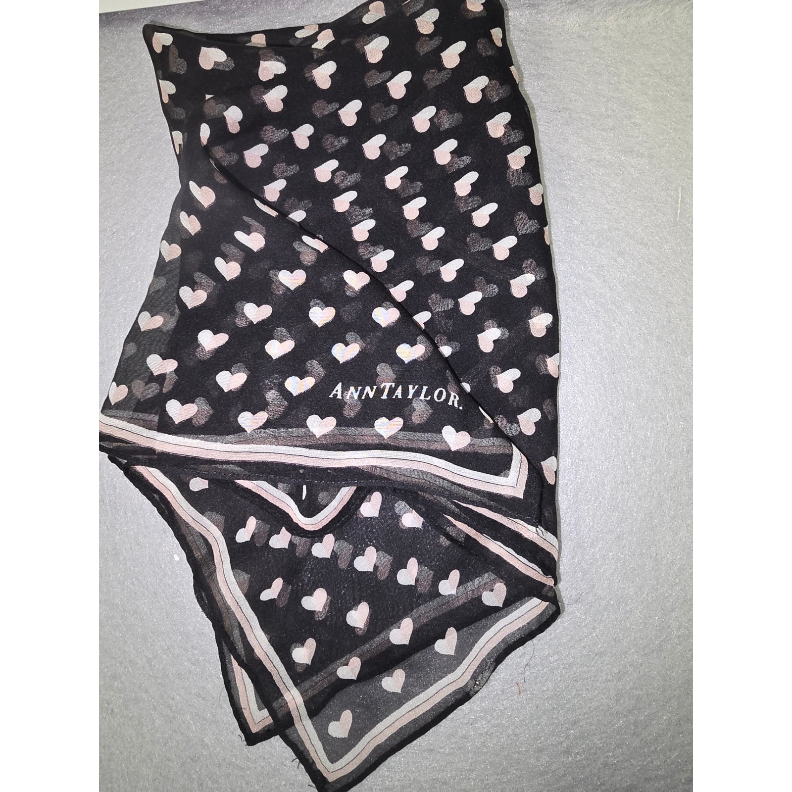 Ann Taylor Black Pink Heart Print Square Scarf Lightweight Sheer 17x17 Accessory